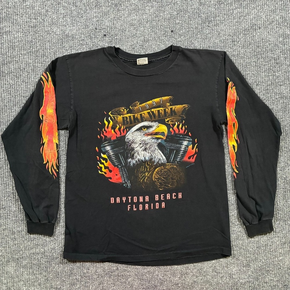 Vintage 1997 Bike Week Daytona Beach USA Eagle Flames Shirt Mens L Biker